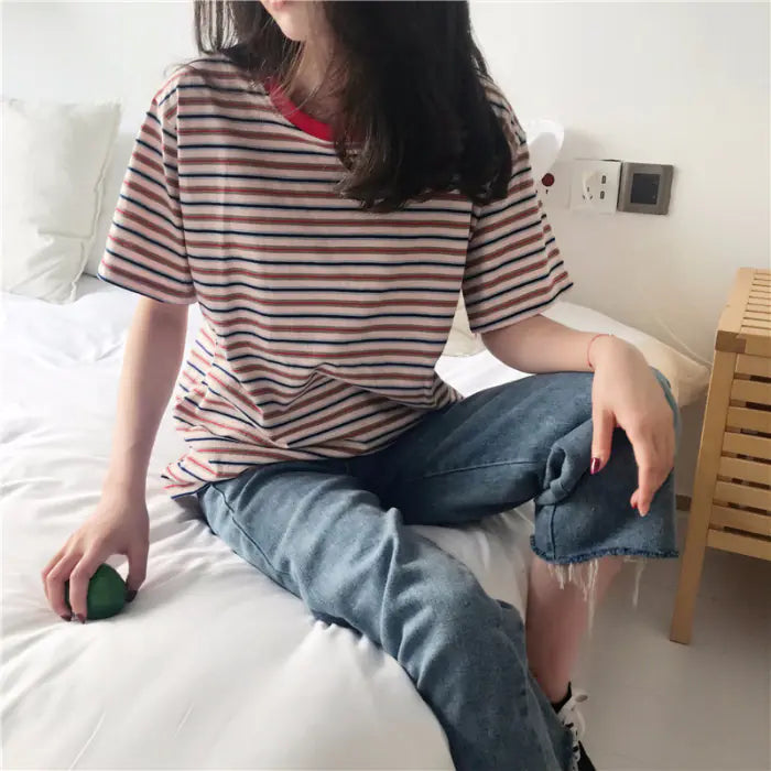 Loose Striped Short Sleeve T-Shirt for Women