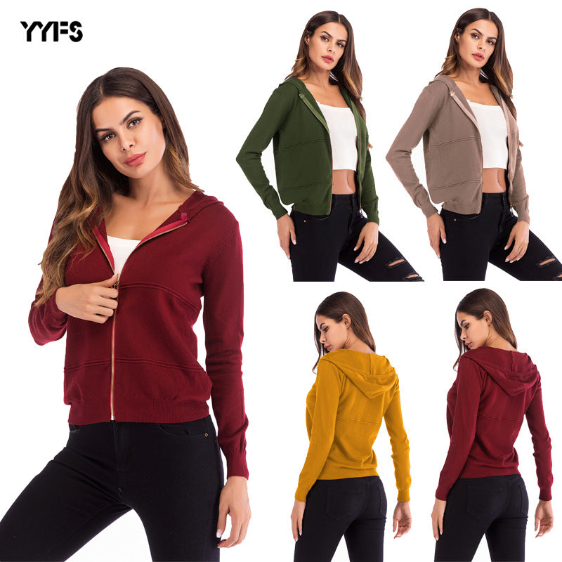 Solid Color Hooded Zip Knit Cardigan