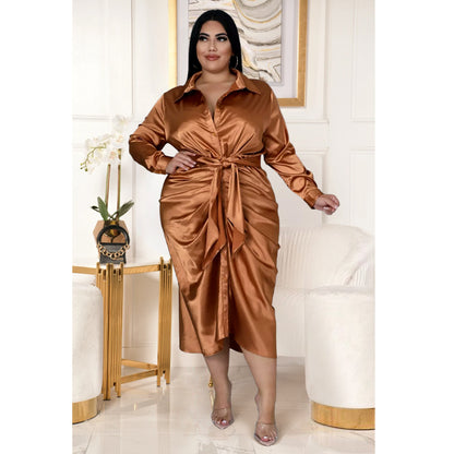Elegant Plus Size Satin Ruched Long Sleeve Midi Dress