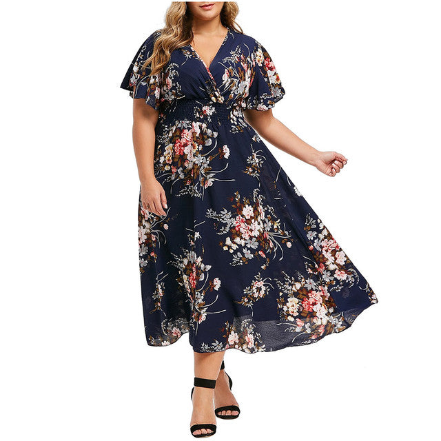 Plus Size Floral Chiffon Dress Bohemian Style