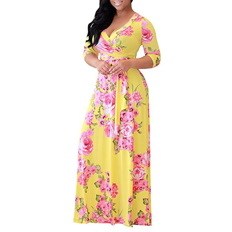 Plus Size Women's Floral Tie Waist Maxi Dress