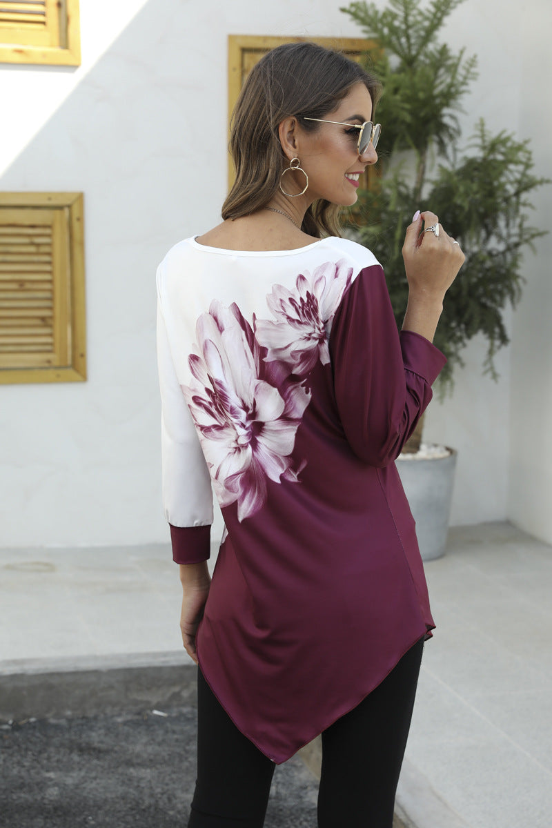 3D Floral Print Women's T-Shirt with Loose Hem