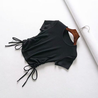 Drawstring V-Neck Slim Fit Women's Short Sleeve T-Shirt