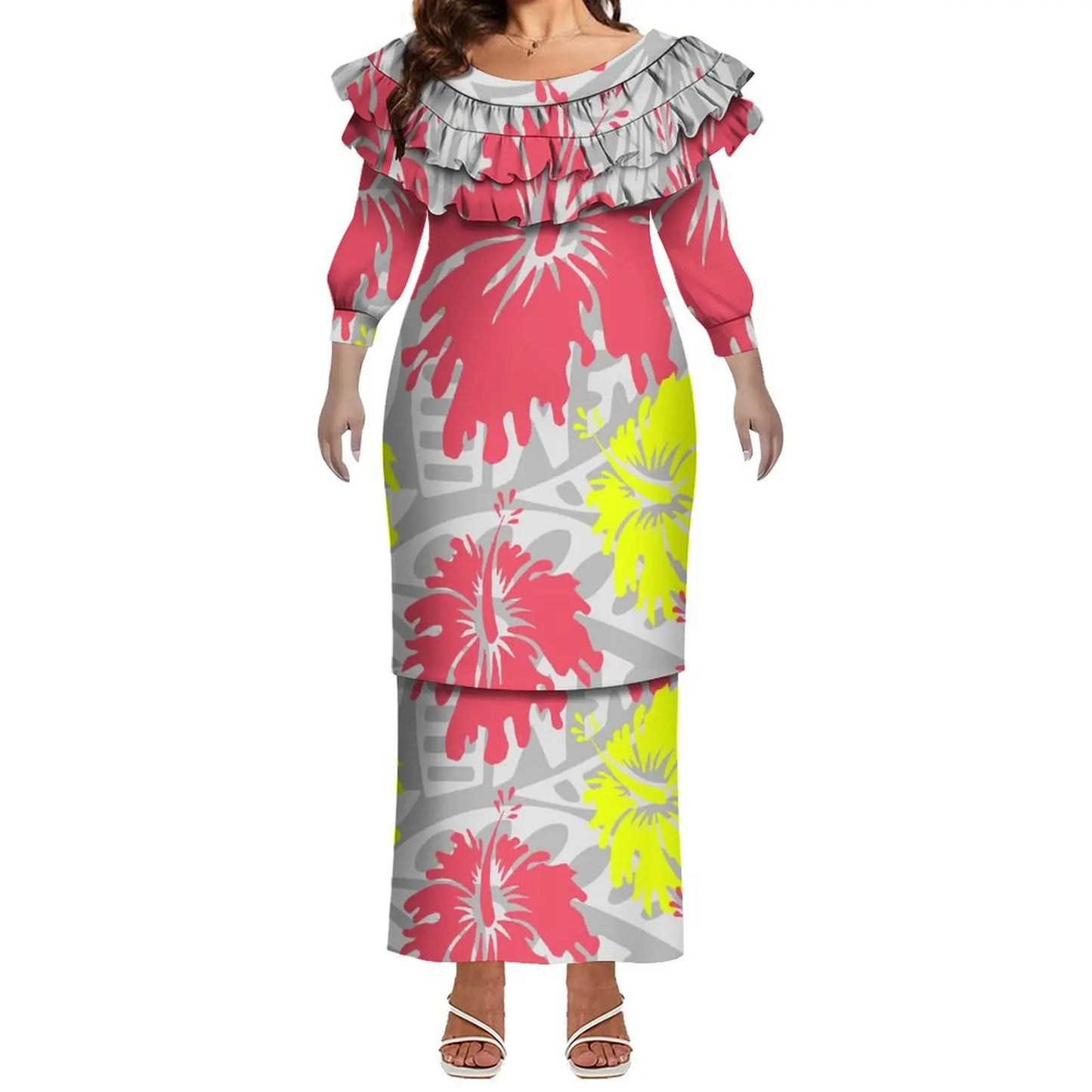 Plus Size Women Hawaiian Print Full Sleeve Long Dress