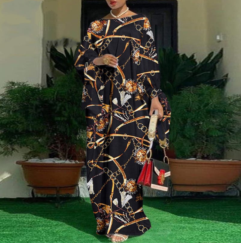 Plus Size Long Sleeve Printed Evening Dress