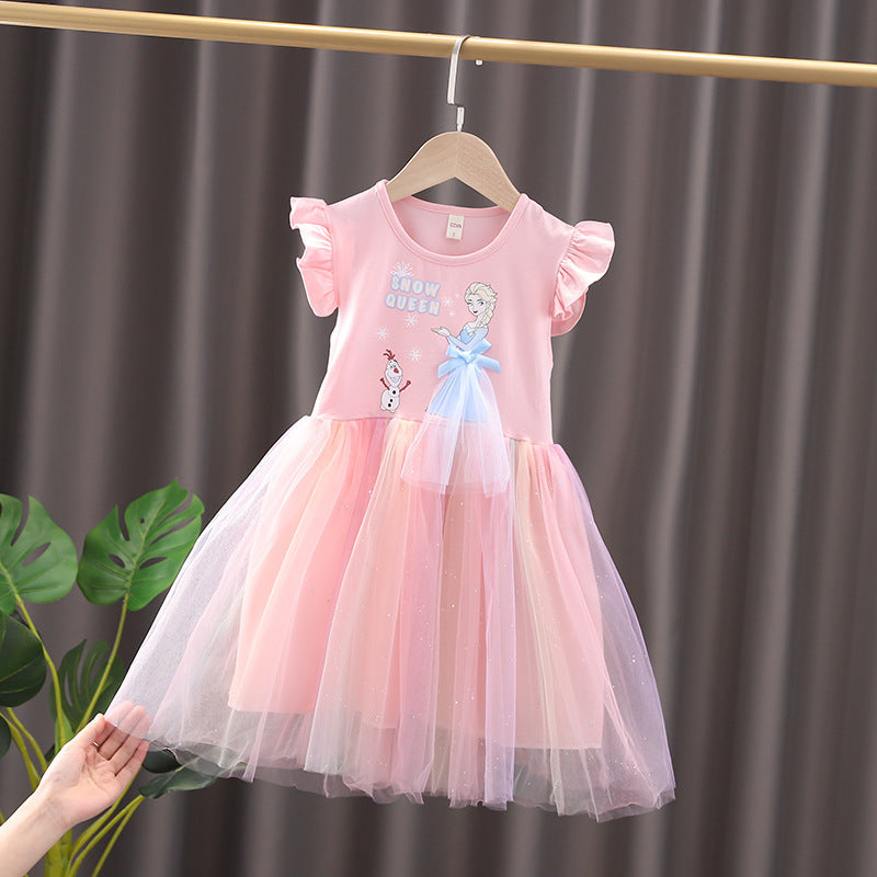 Girls' Summer Frozen Dress with Puff Skirt and Sleeves