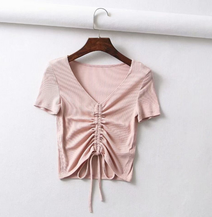 Drawstring V-Neck Slim Fit Women's Short Sleeve T-Shirt