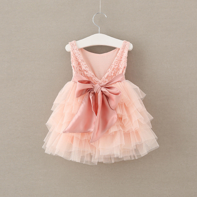 Rose Bow Puffed Princess Dress for Girls with Lace