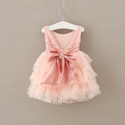 Rose Bow Puffed Princess Dress for Girls with Lace