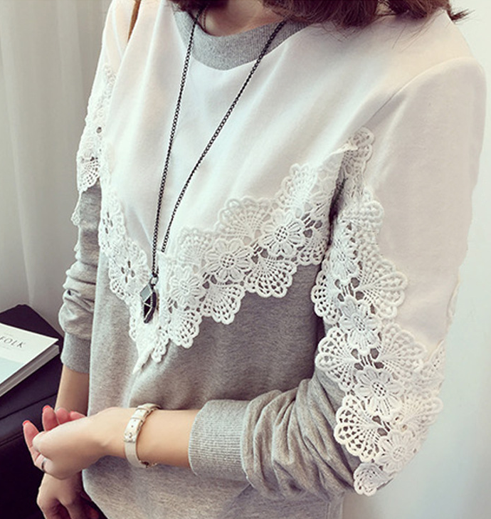 Plus Size Loose Long Sleeve Sweater with Lace Detail