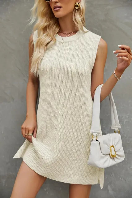 Women's Solid Color Round Neck Knit Dress with Slit - Trendy Attic Store01