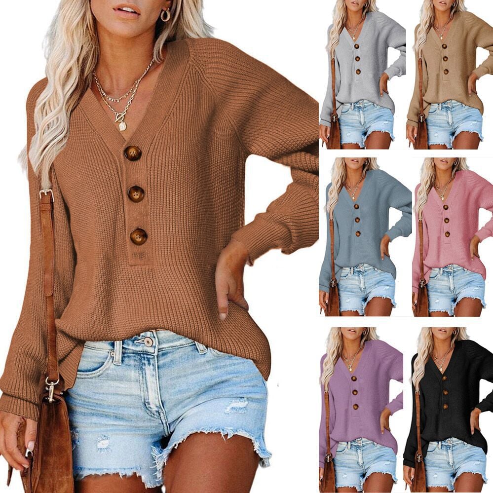 New Button Knitted V-Neck Sweater for Women