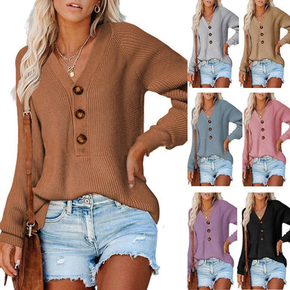 New Button Knitted V-Neck Sweater for Women