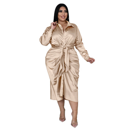 Elegant Plus Size Satin Ruched Long Sleeve Midi Dress