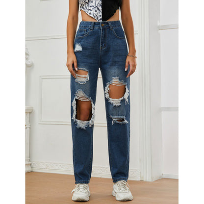 Women's Distressed Straight Leg Denim Pants
