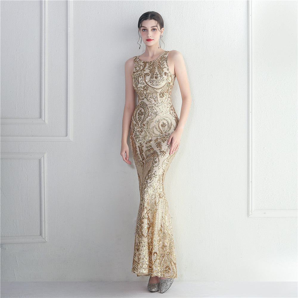Long Sequin Evening Dress with Backless Design