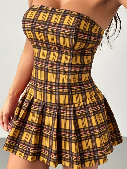 Sexy Yellow Black Plaid Strapless Summer Tube Dress