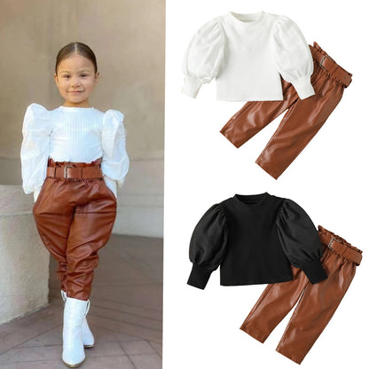 Fashionable Girls' Set with Puff Sleeve Top & Pants