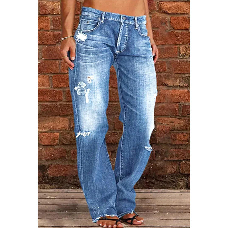 Women's Casual Mid-Waist Distressed Denim Pants