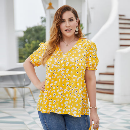 Plus Size Floral Short Sleeve Cotton T-Shirt