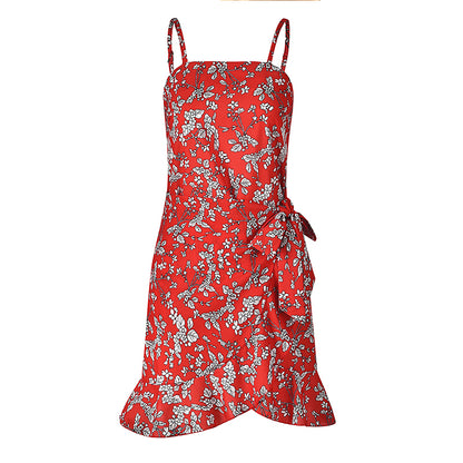 Leaf Print Cami Chiffon Dress - Irregular Short Skirt