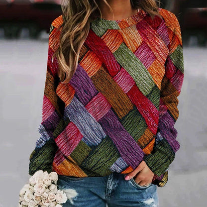 Printed Patchwork Round Neck Women's Long Sleeve Sweater