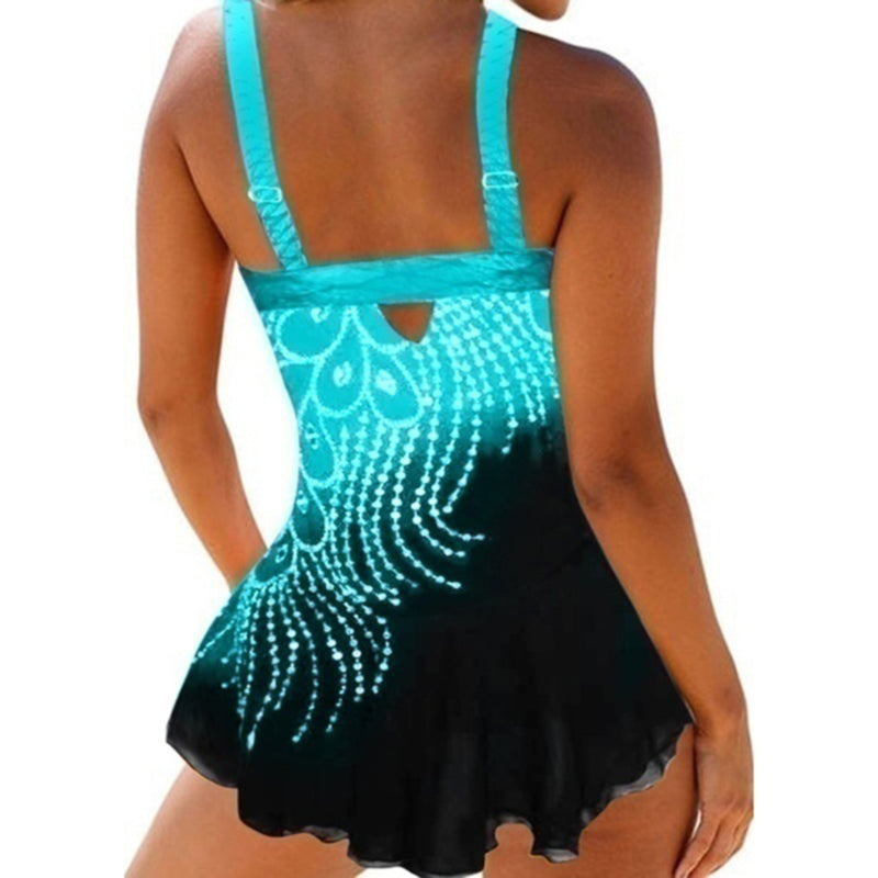 Plus Size Women's High Waist Feather Print Swimwear