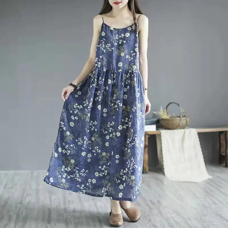 Artistic Floral Sleeveless Sling Dress for Women