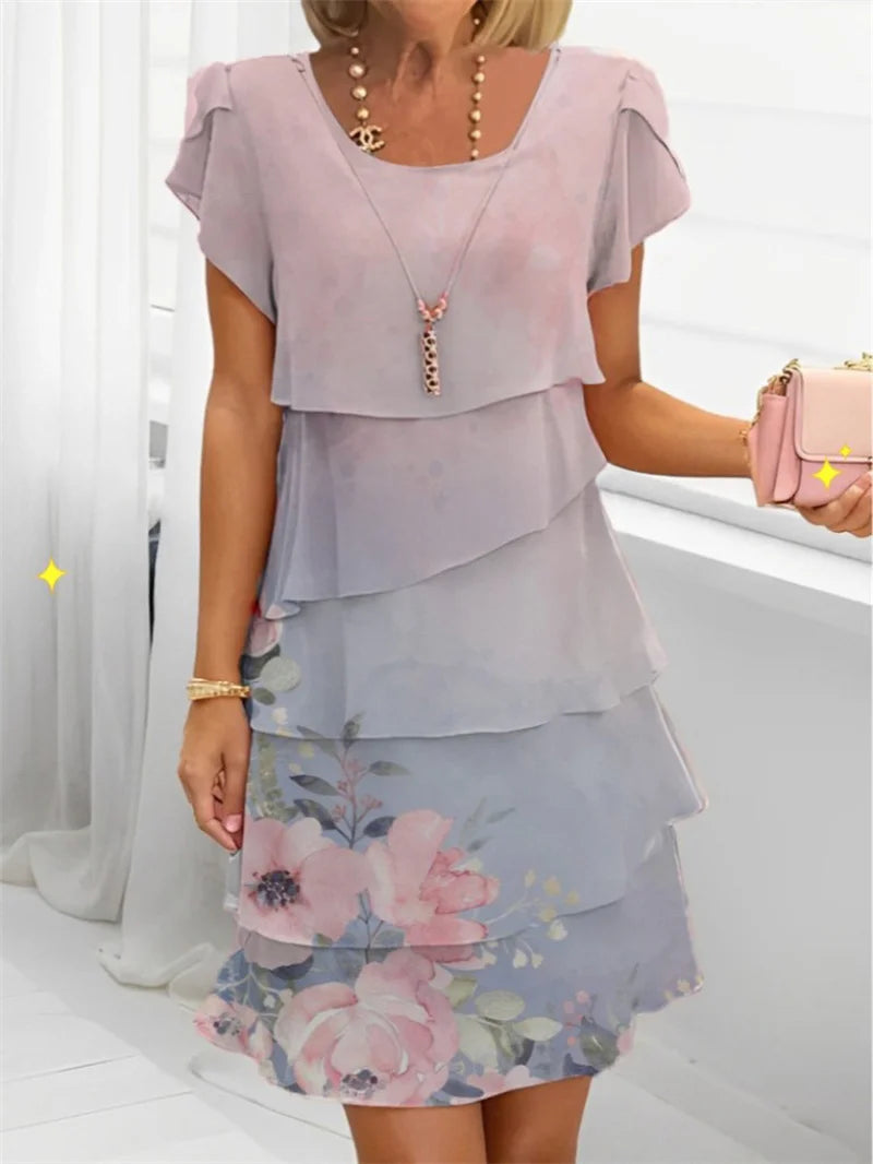Chiffon Summer Short Sleeve O-Neck Print Loose Party Dresses