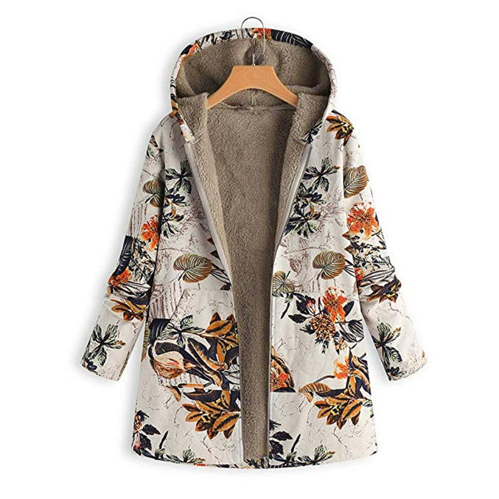 Plus Size Floral Print Hoodie Zipper Coat with Fleece