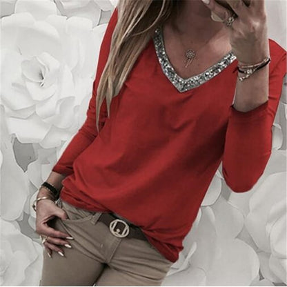 Plus Size Women's Sequin Long Sleeve V Neck T-shirt