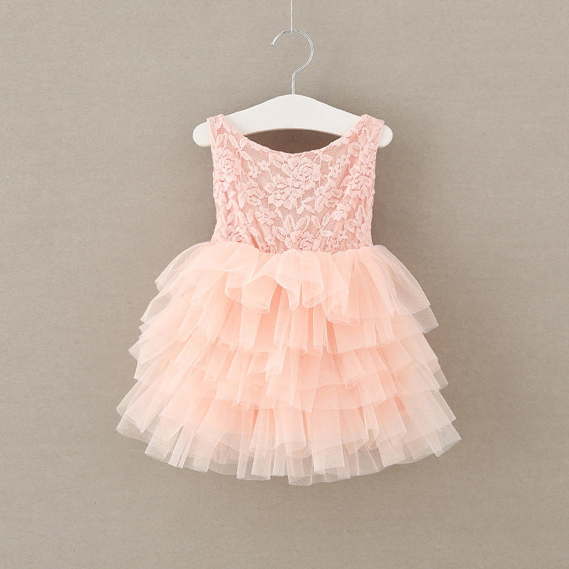 Rose Bow Puffed Princess Dress for Girls with Lace