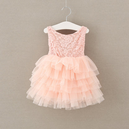 Rose Bow Puffed Princess Dress for Girls with Lace