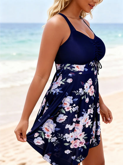 Navy Blue Floral One-Piece Swimsuit Large Size