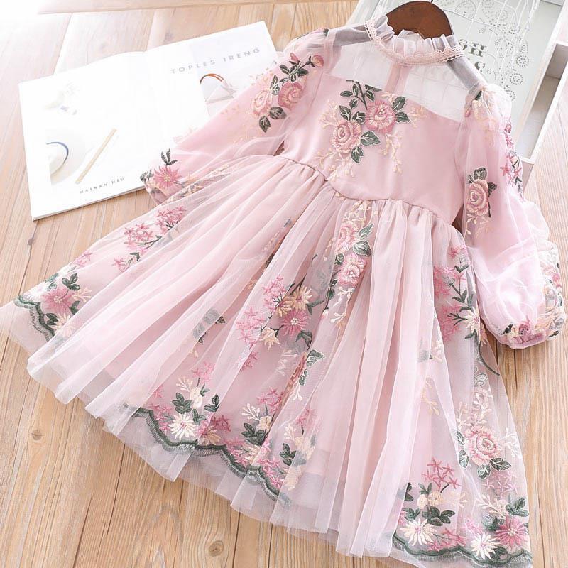 Girl's Long-sleeved Lace Flower Embroidered Dress