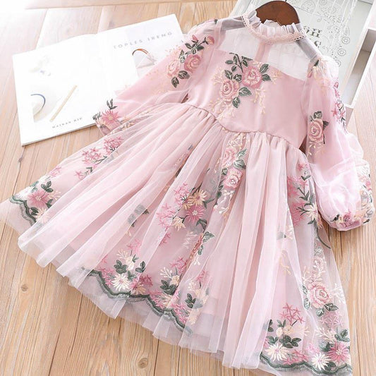 Girl's Long-sleeved Lace Flower Embroidered Dress