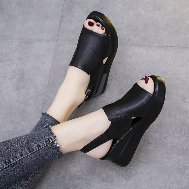Korean Casual Wedge High-Heeled Sandals with Buckle