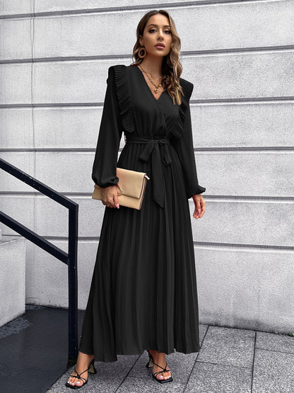 Autumn Winter Women's V-Neck Pleated Dress