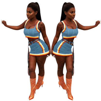 Colorful Striped Denim Skirt and Casual Two-Piece Set