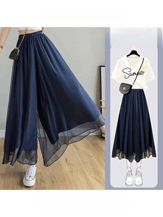Plus Size Women's Elastic High Waist Wide Leg Pants Skirt Loose Fabric Chiffon