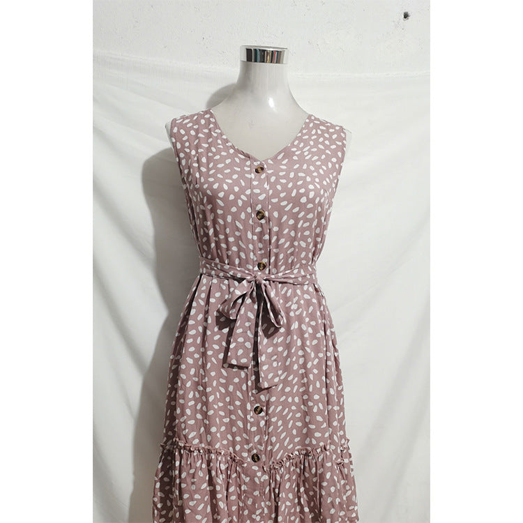 Summer V-Neck Button Sleeveless Dress with Ruffle Hem