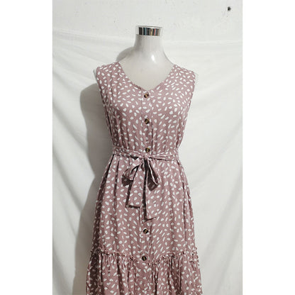 Summer V-Neck Button Sleeveless Dress with Ruffle Hem