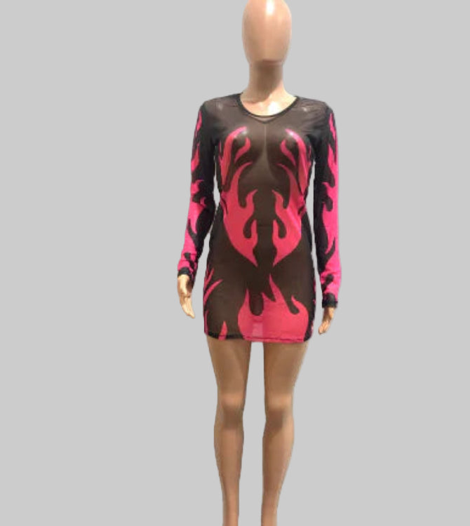 Women's Sheer Mesh Floral Dress with Round Neck