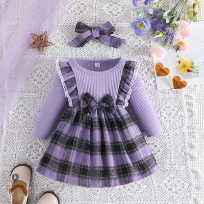 Plaid Long Sleeve Dress in Christmas Style for Girls