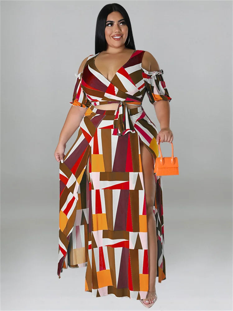 Plus Size Dress Sets Two Piece V Neck Printed Crop Top Big Swing Skirts
