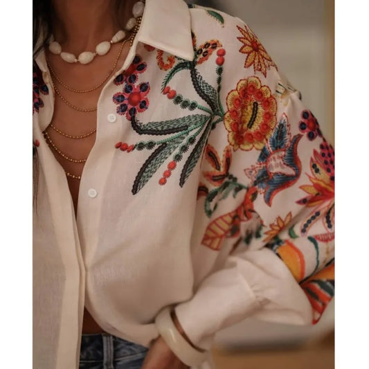 Floral Printed Shirts Lady Fashion Long Sleeve Turn-down Collar Button Shirts