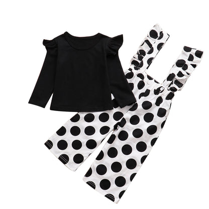Black Long Sleeve Top and Dotted Pants Set for Girls