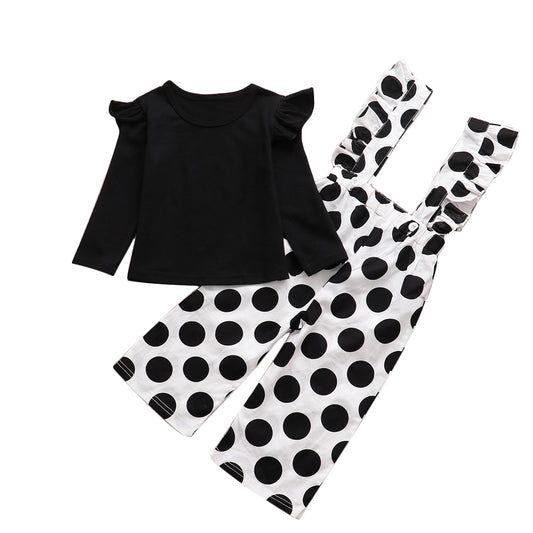 Black Long Sleeve Top and Dotted Pants Set for Girls