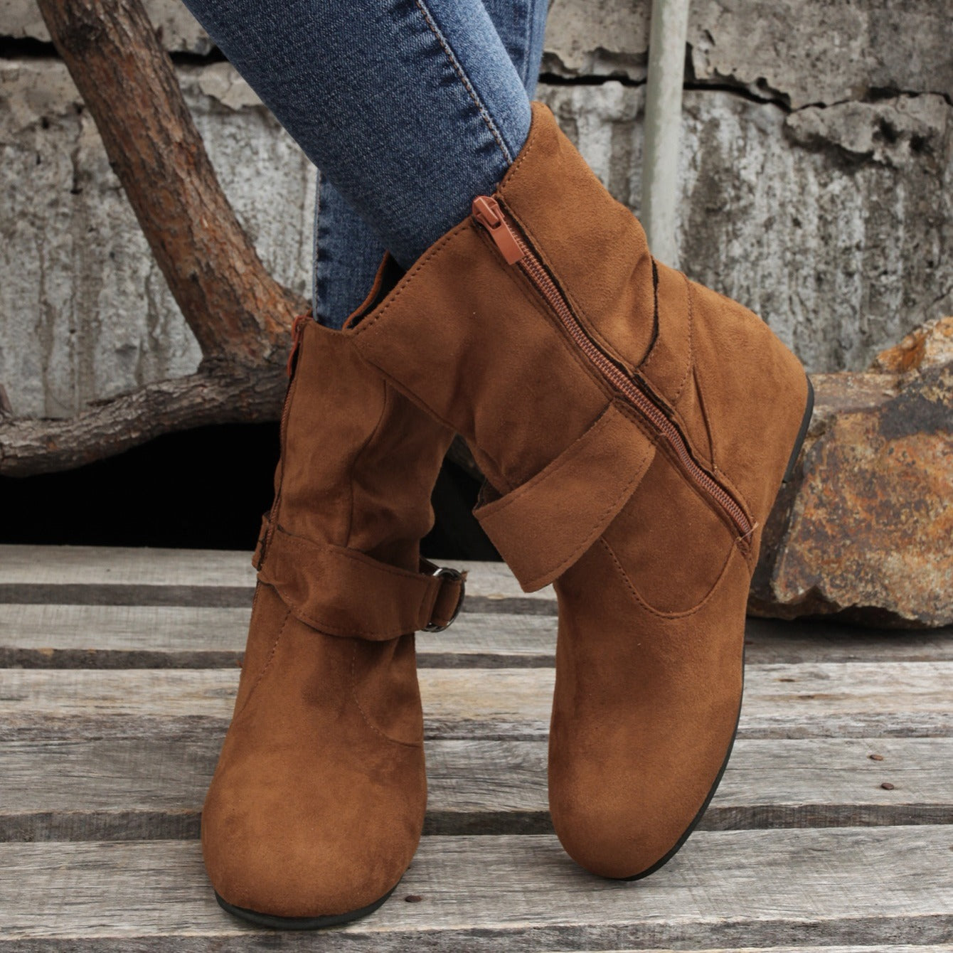 Ankle Boots  Round Toe Buckle Belt Side Zipper Boots