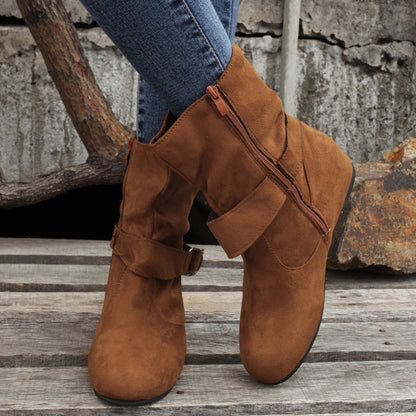 Ankle Boots  Round Toe Buckle Belt Side Zipper Boots